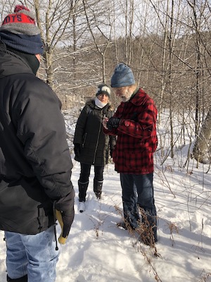 Hikers studying a herbaceous plant